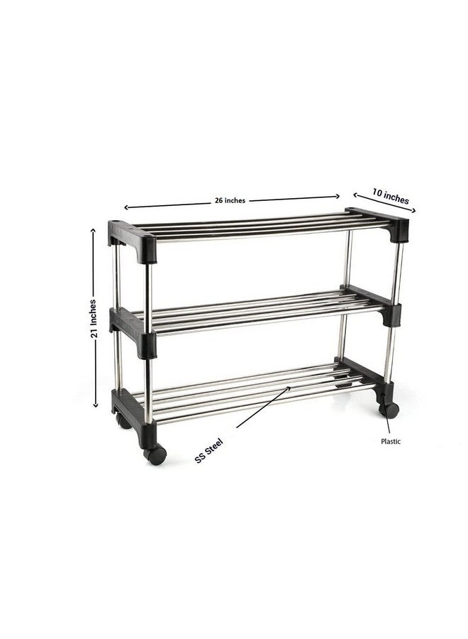 RUSHIL WERE RUSHIL WERE Stainless Steel 3 Shelves Shoes Rack, Multipurpose Storage Rack with 4 Caster Movable Wheels Stand for Home, Office, Kitchen, Balcony, Bathroom Classic | Black - Image 4