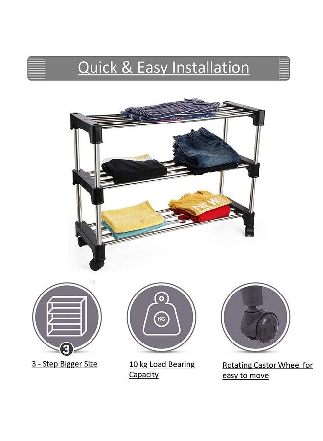 RUSHIL WERE RUSHIL WERE Stainless Steel 3 Shelves Shoes Rack, Multipurpose Storage Rack with 4 Caster Movable Wheels Stand for Home, Office, Kitchen, Balcony, Bathroom Classic | Black - Image 5