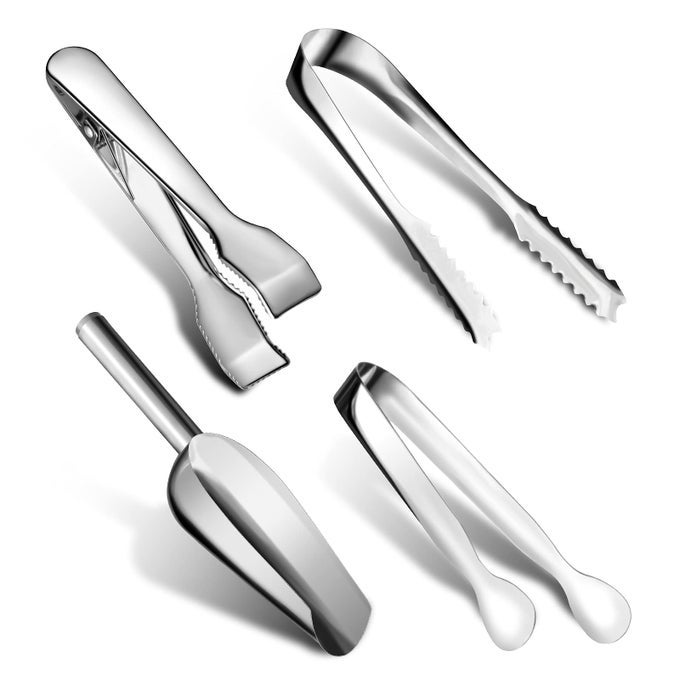 4 PIECES SILVER ICE TONGS AND SCOOPS FOR ICE BUCKET STAINLESS STEEL VERSATILE SERVING TONGS WITH TEETH SHOVEL SCOOP FOR FREEZER KITCHEN FOOD BUFFET COCKTAIL TEA PARTY BAR WEDDING BBQ