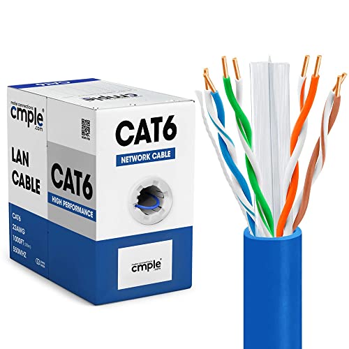 Cmple - Cat6 Cable 1000ft Bulk Lan Ethernet Cat 6 Wire Network UTP 23AWG CMR Riser 10Gbps 550 MHz Pull Box 1000 Feet, Blue - Image 1