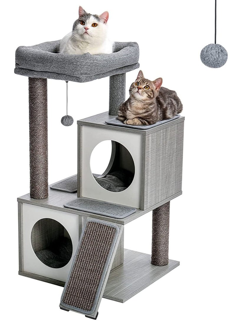 Alissa Cat Tree 89cm Wooden Cat Tower with Double Condos Spacious Perch Fully Wrapped Scratching Sisal Posts and Replaceable Dangling Balls 89x48x44cm  - Image 1
