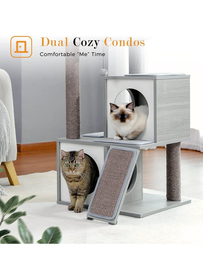 Alissa Cat Tree 89cm Wooden Cat Tower with Double Condos Spacious Perch Fully Wrapped Scratching Sisal Posts and Replaceable Dangling Balls 89x48x44cm  - Image 5