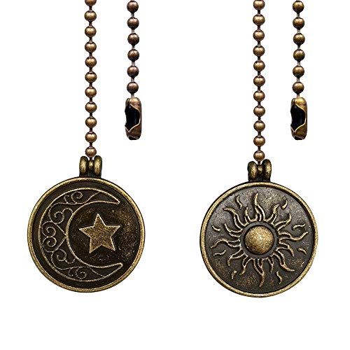 Dotlite Copper Ceiling Fan Pull Chain Set, Decorative Totem Fan Pull Chain Pendant Extension, 12 Inches Lighting & Fan Beaded Ball Chain Extender Ornament with Connector, Moon and Sun (2Pack) - Image 1