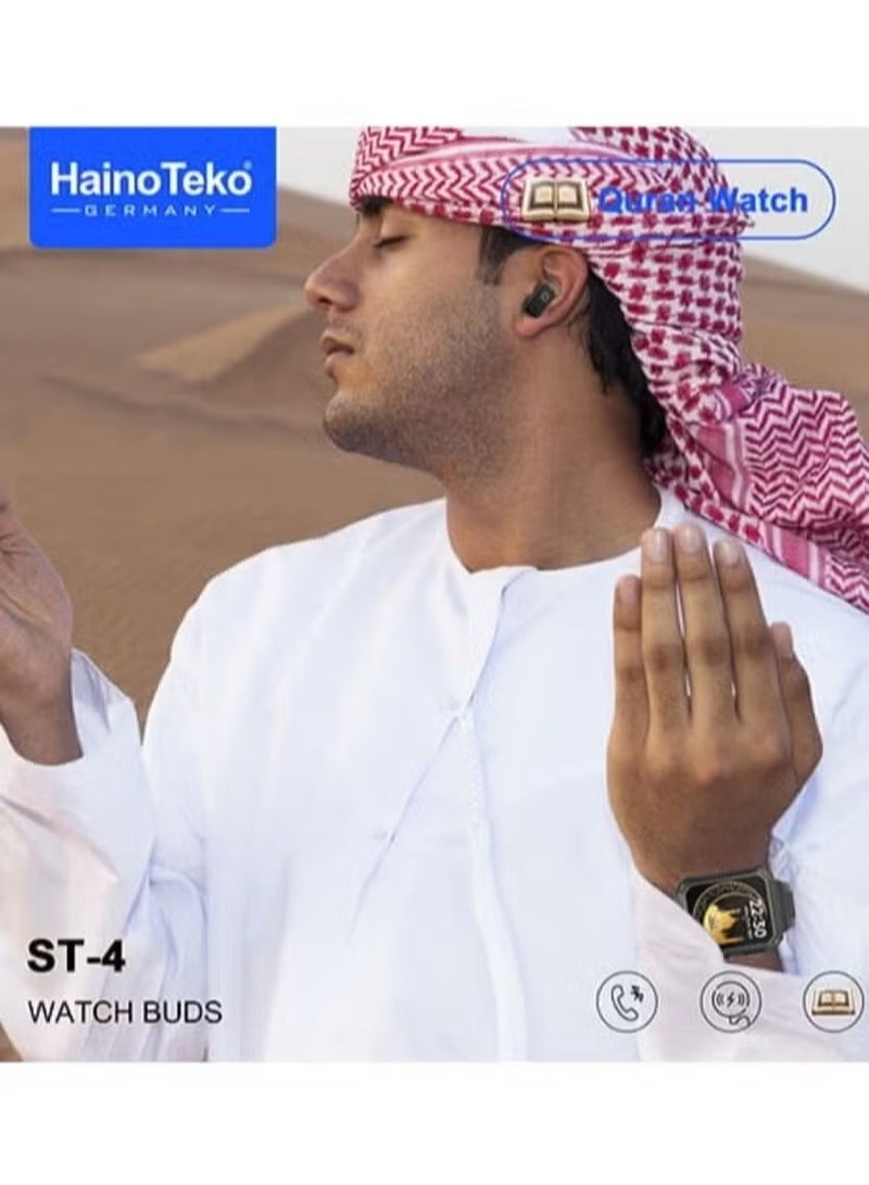 Haino Teko ST4 Smart Watch Buds with Full Quran (114 Chapters) and 4GB MP3 Speaker –- Stylish Smart Watch with Bluetooth, Heart Rate Monitor - Music Storage, Voice Control, for Men & Boys, Perfect Gift - Image 3