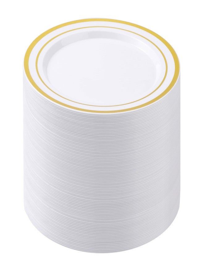 BESTSTAR 100PCS White Plastic Plates for Party, 10.25 Inch Heavy Duty Dinner Plates with Gold Rim, Disposable Plates for Wedding and Birthday - Image 1