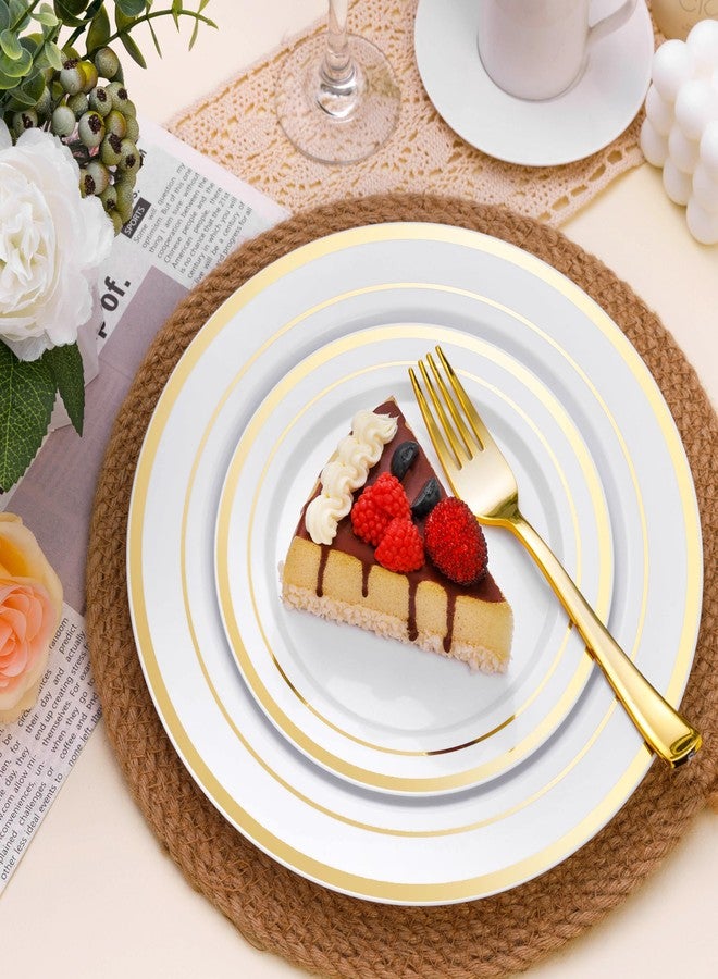 BESTSTAR 100PCS White Plastic Plates for Party, 10.25 Inch Heavy Duty Dinner Plates with Gold Rim, Disposable Plates for Wedding and Birthday - Image 4