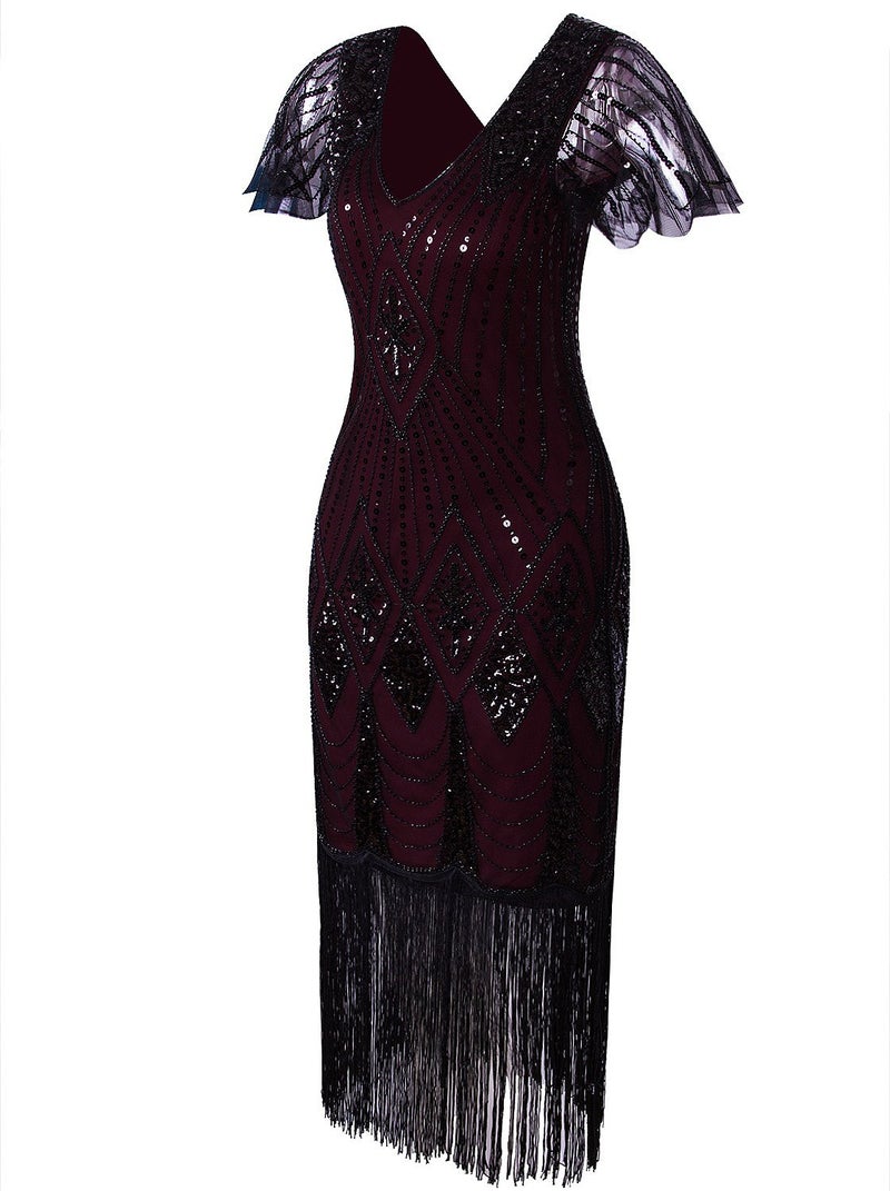 Vijiv Vijiv Women's Vintage 1920s Dresses Gatsby with Sleeves Long Sequin Flapper Dress for Party Wedding Evening, Burgundy, Medium  - Image 3
