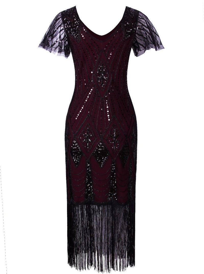 Vijiv Vijiv Women's Vintage 1920s Dresses Gatsby with Sleeves Long Sequin Flapper Dress for Party Wedding Evening, Burgundy, Medium  - Image 4