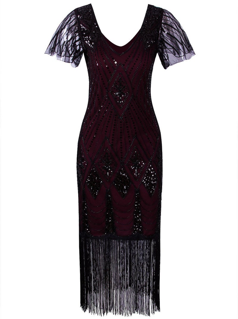 Vijiv Vijiv Women's Vintage 1920s Dresses Gatsby with Sleeves Long Sequin Flapper Dress for Party Wedding Evening, Burgundy, Medium  - Image 1