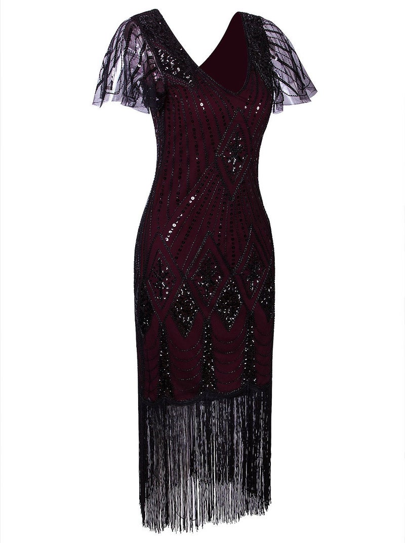 Vijiv Vijiv Women's Vintage 1920s Dresses Gatsby with Sleeves Long Sequin Flapper Dress for Party Wedding Evening, Burgundy, Medium  - Image 2