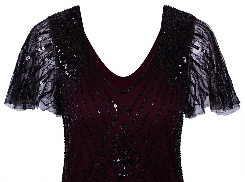 Vijiv Vijiv Women's Vintage 1920s Dresses Gatsby with Sleeves Long Sequin Flapper Dress for Party Wedding Evening, Burgundy, Medium  - Image 5