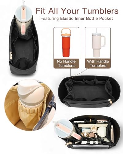 TOVICE Tote Bag Organizer Insert with Stanley Cup Holder and Zipper Bag, Compatible with Neverfull, Saint Louis and More, 9 Pockets (Black, X-Large) - Image 2
