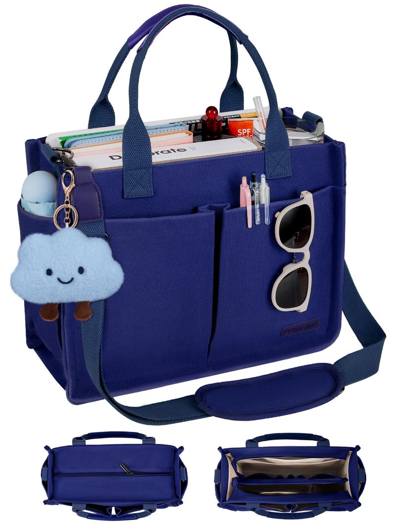 BESBESME Canvas Tote Bag for Women with Zipper, Compartments & Luggage Sleeve, Work and College Crossbody Bag, Adjustable Strap, Laptop Purse for Teacher, Nurse, Travel, Bible Study, Navy Blue L - Image 1