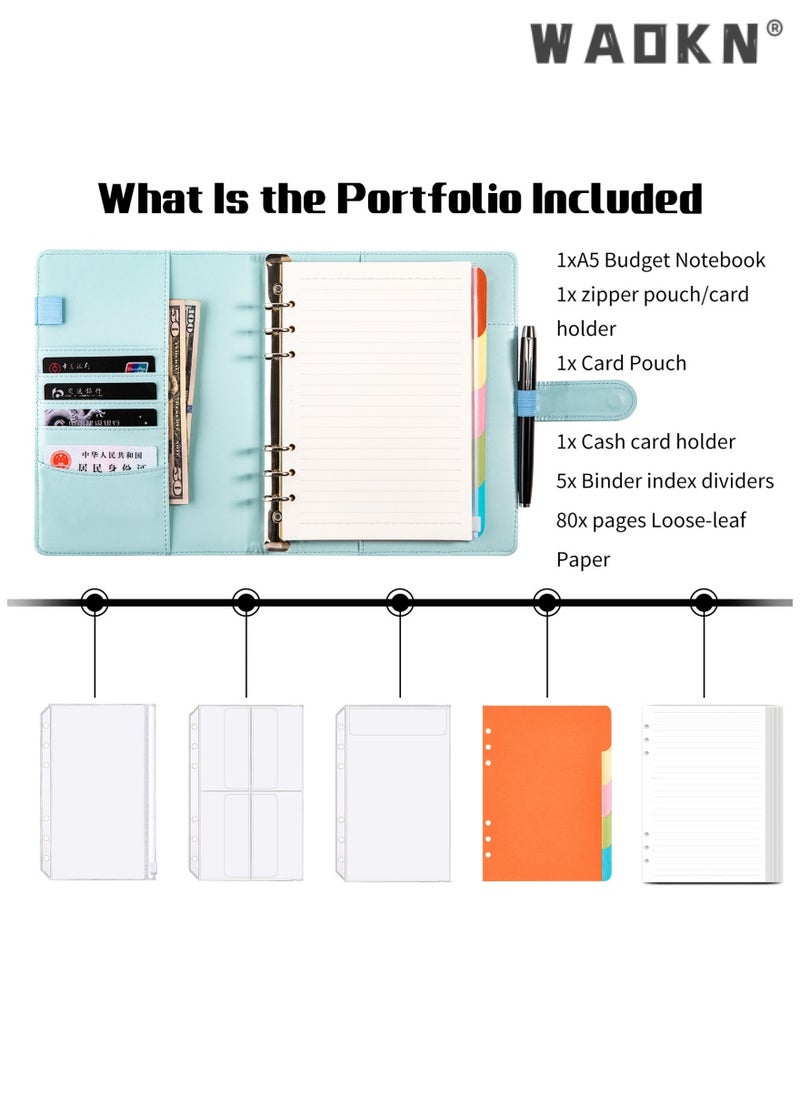 WAOKN - PU Leather Binder 6-Ring Notebook Binder Cover for A5 Filler Paper, Refillable A5 Loose Leaf Macaron Cash Budget Notebook Savings Account Notebook with Magnetic Buckle Closure,Blue - Image 1