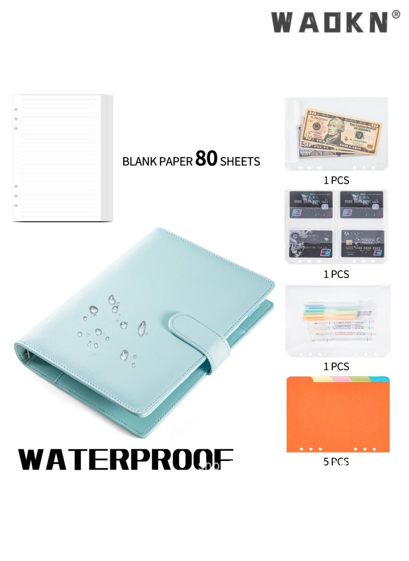 WAOKN - PU Leather Binder 6-Ring Notebook Binder Cover for A5 Filler Paper, Refillable A5 Loose Leaf Macaron Cash Budget Notebook Savings Account Notebook with Magnetic Buckle Closure,Blue - Image 1