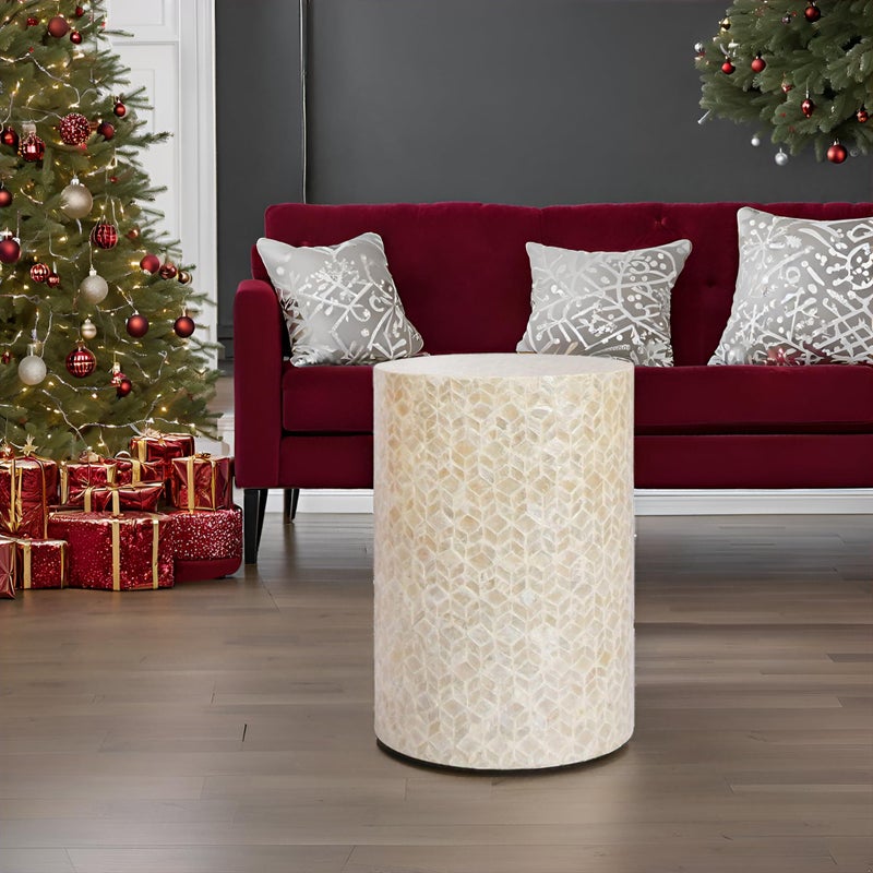 PEMAR Capiz Shell Cylinder Drum End Table Nacre Side Table Stool Round Drum Accent Coffee Bedside Nightstand and Vanity Stool (White Cream) - Image 2