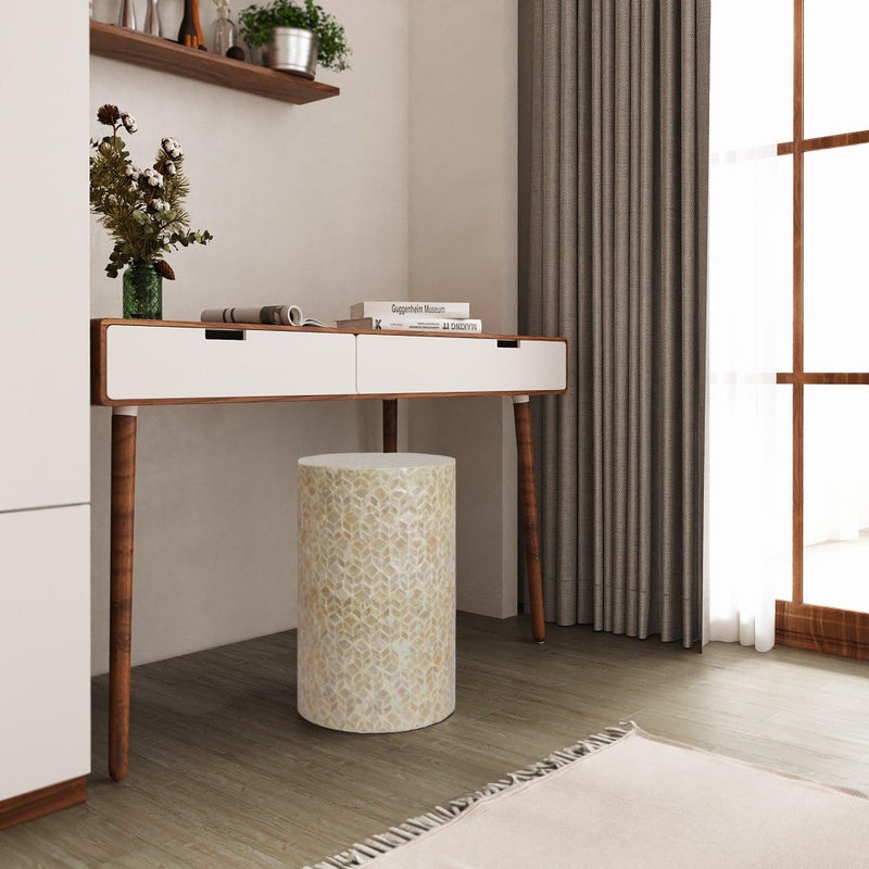 PEMAR Capiz Shell Cylinder Drum End Table Nacre Side Table Stool Round Drum Accent Coffee Bedside Nightstand and Vanity Stool (White Cream) - Image 4