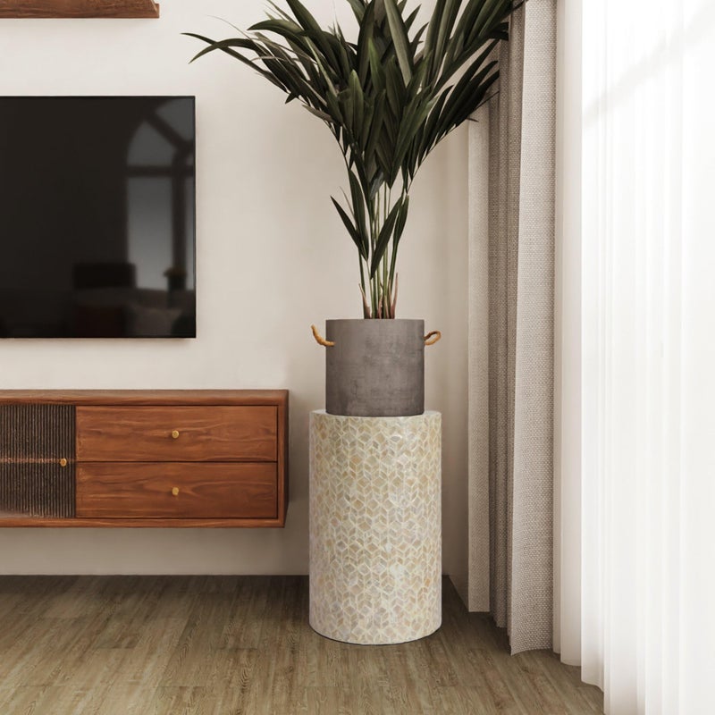 PEMAR Capiz Shell Cylinder Drum End Table Nacre Side Table Stool Round Drum Accent Coffee Bedside Nightstand and Vanity Stool (White Cream) - Image 5