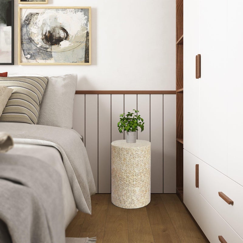 PEMAR Capiz Shell Cylinder Drum End Table Nacre Side Table Stool Round Drum Accent Coffee Bedside Nightstand and Vanity Stool (White Cream) - Image 3