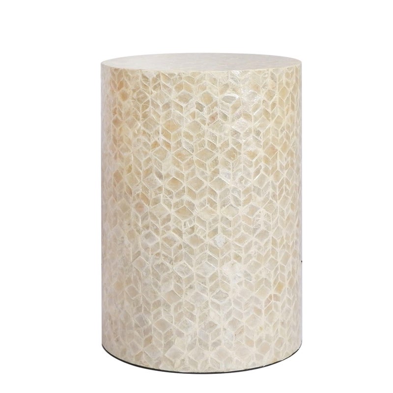 PEMAR Capiz Shell Cylinder Drum End Table Nacre Side Table Stool Round Drum Accent Coffee Bedside Nightstand and Vanity Stool (White Cream) - Image 1