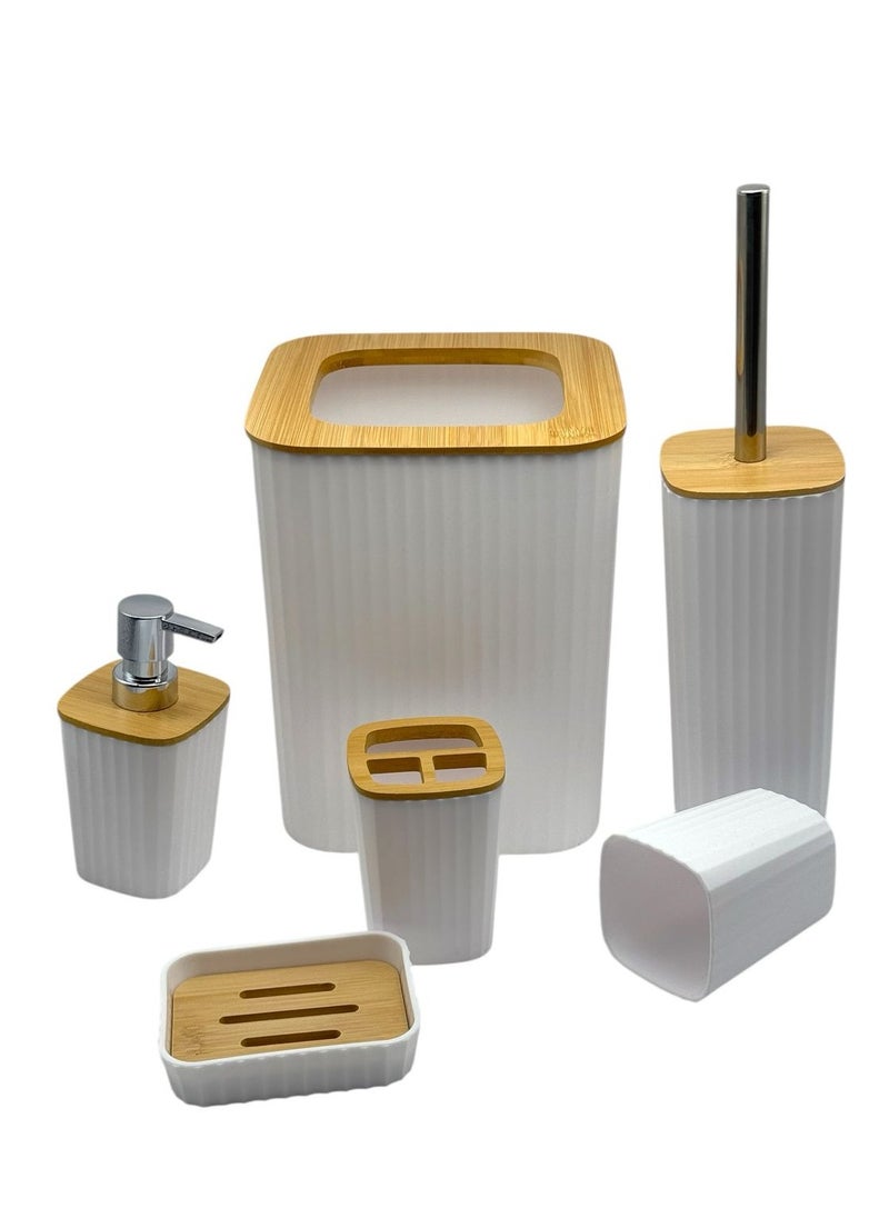 QSHOP QShop®️ Bamboo Bathroom Accessories Set, 6 Pieces, Luxury Modern Bathroom Accessories Set, Toilet Accessories with Waste Bin, Cup, Toothbrush Holder, Soap Dish Holder, and Soap Dispenser  - Image 1