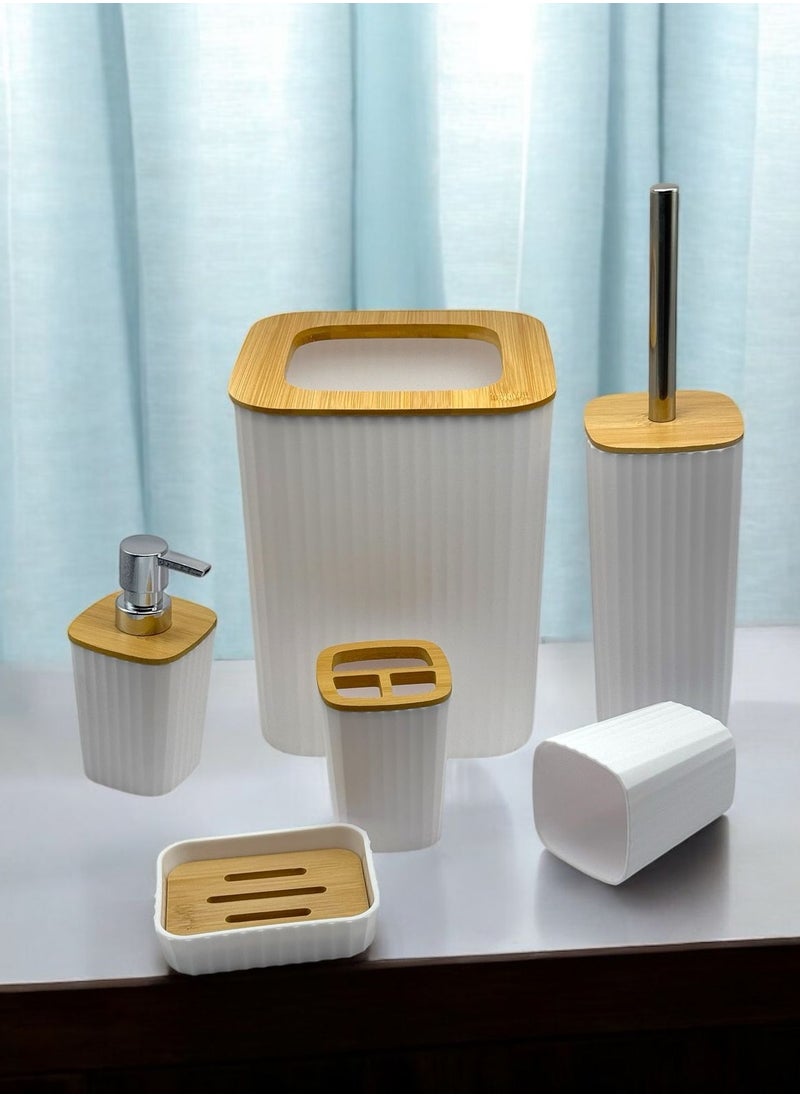 QSHOP QShop®️ Bamboo Bathroom Accessories Set, 6 Pieces, Luxury Modern Bathroom Accessories Set, Toilet Accessories with Waste Bin, Cup, Toothbrush Holder, Soap Dish Holder, and Soap Dispenser  - Image 2