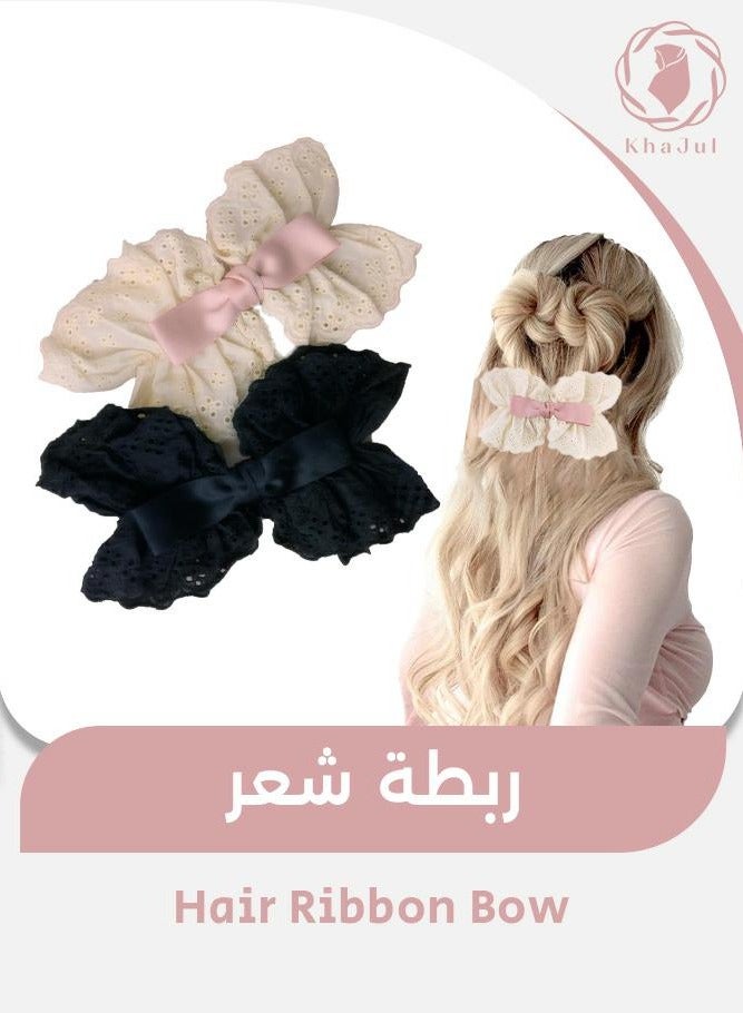 KHAJUL 2-Piece Big Lace Ribbon Bow Clip for Girl Women Hair or Hijab, Aesthetic Gift (Pink+white) - Image 1