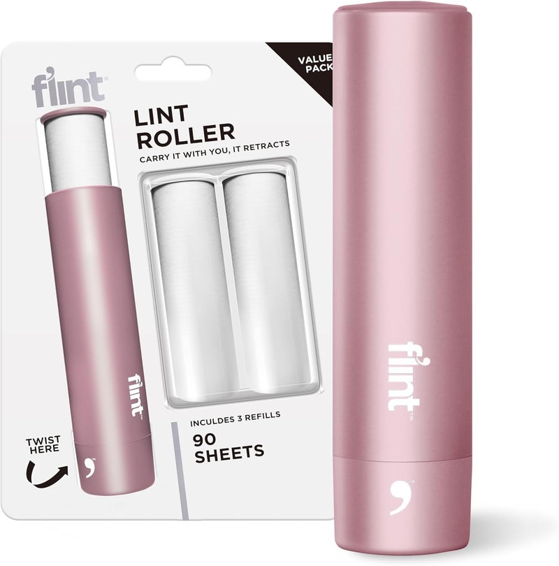 Flint Rose Gold Retractable Mini Lint Roller with 90 Extra Sticky Sheets, Small and Portable Lint Roller, Ideal Pet Hair Remover, Travel Lint Rollers for pet Hair Extra Sticky - Image 1