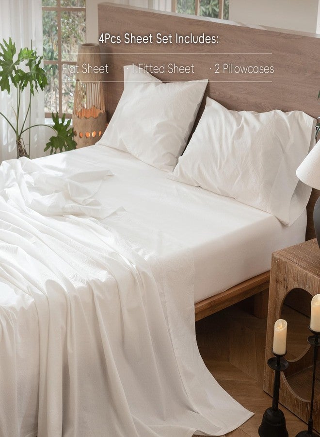MooMee Bedding Sheet Set 100% Washed Cotton Linen Like Textured Breathable Durable Soft Comfy (Solid Off White, Full) - Image 2