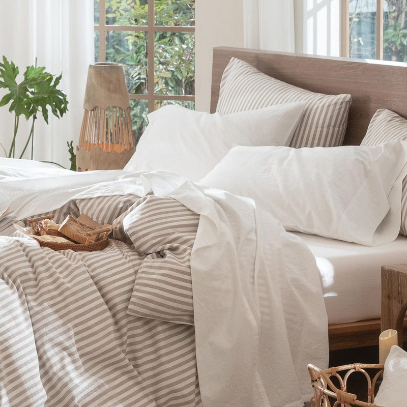 MooMee Bedding Sheet Set 100% Washed Cotton Linen Like Textured Breathable Durable Soft Comfy (Solid Off White, Full) - Image 1