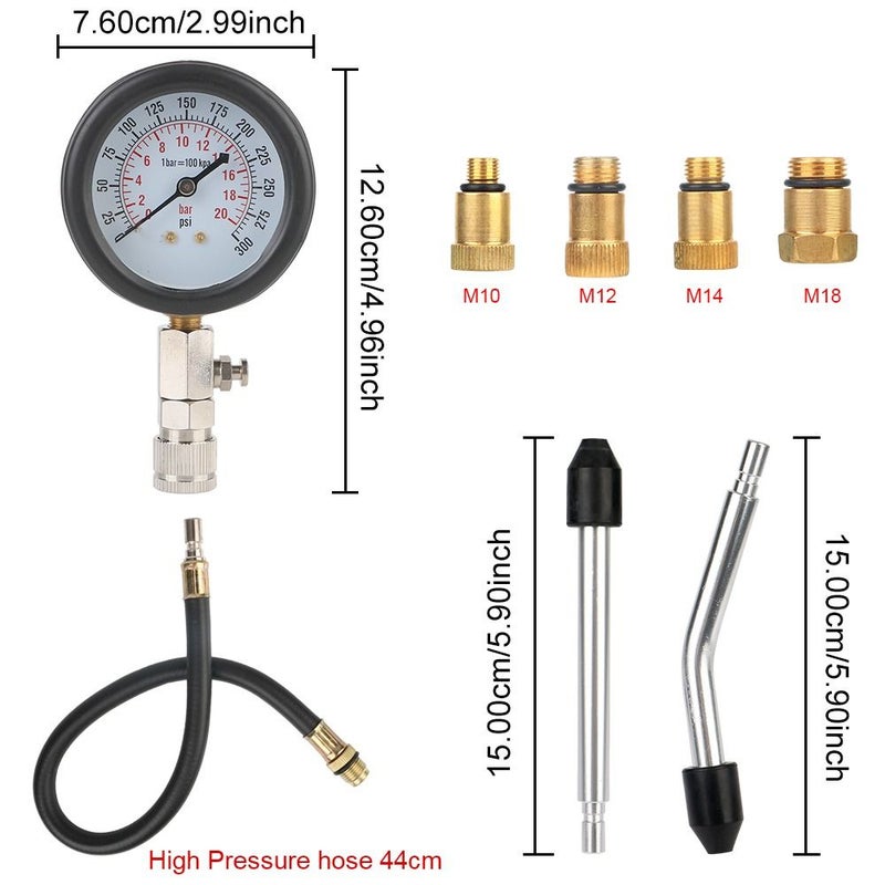 Cylinder Pressure Gauge Kit 0-300 PSI Gas Engine Compression Tester with Adapters Black - Image 3