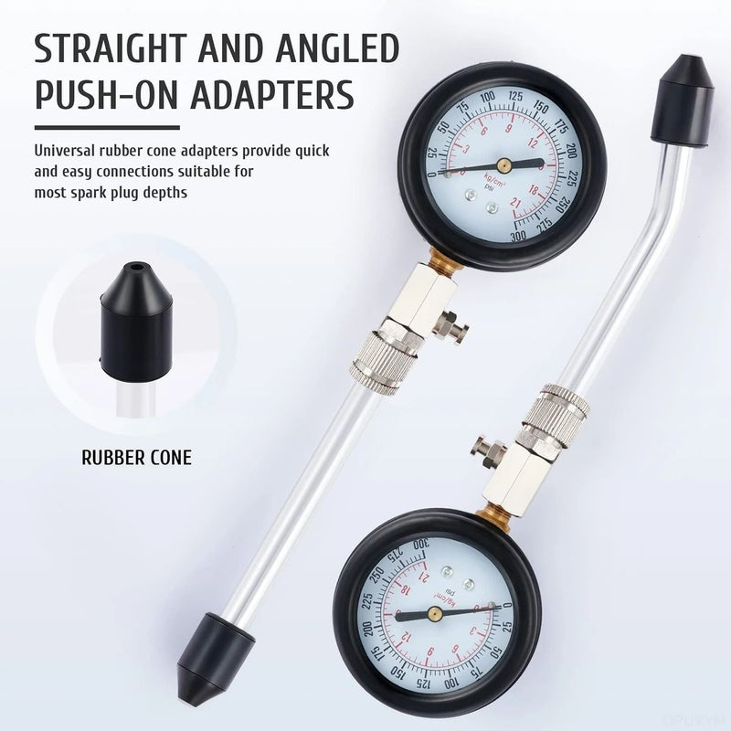 Cylinder Pressure Gauge Kit 0-300 PSI Gas Engine Compression Tester with Adapters Black - Image 1