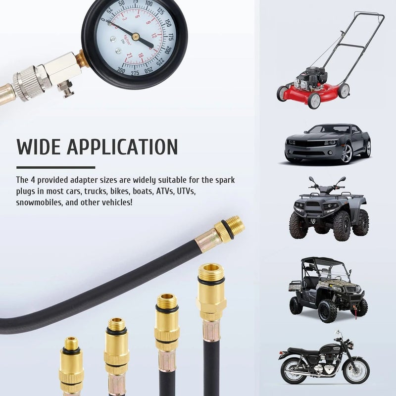Cylinder Pressure Gauge Kit 0-300 PSI Gas Engine Compression Tester with Adapters Black - Image 4