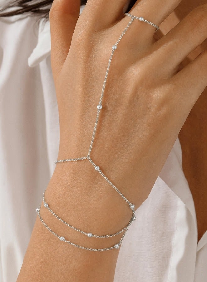 Silver Bracelets for Women, Silver Hand Chain Bracelet for Women Trendy Finger Ring Bracelet Hand Chain Dainty Adjustable Hand Chain Jewelry Gifts for Women - Image 1