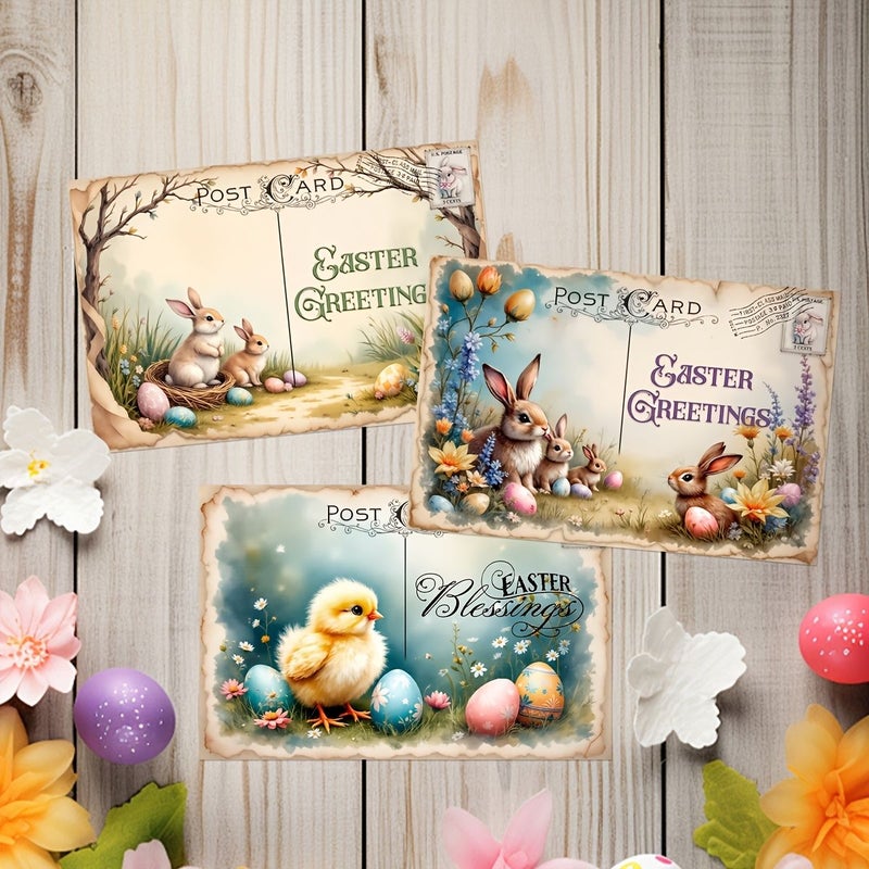 Polychrome Easter Bunny Postcard Set With Chick Egg Flower Design For Party Decorations Gifts - Image 4