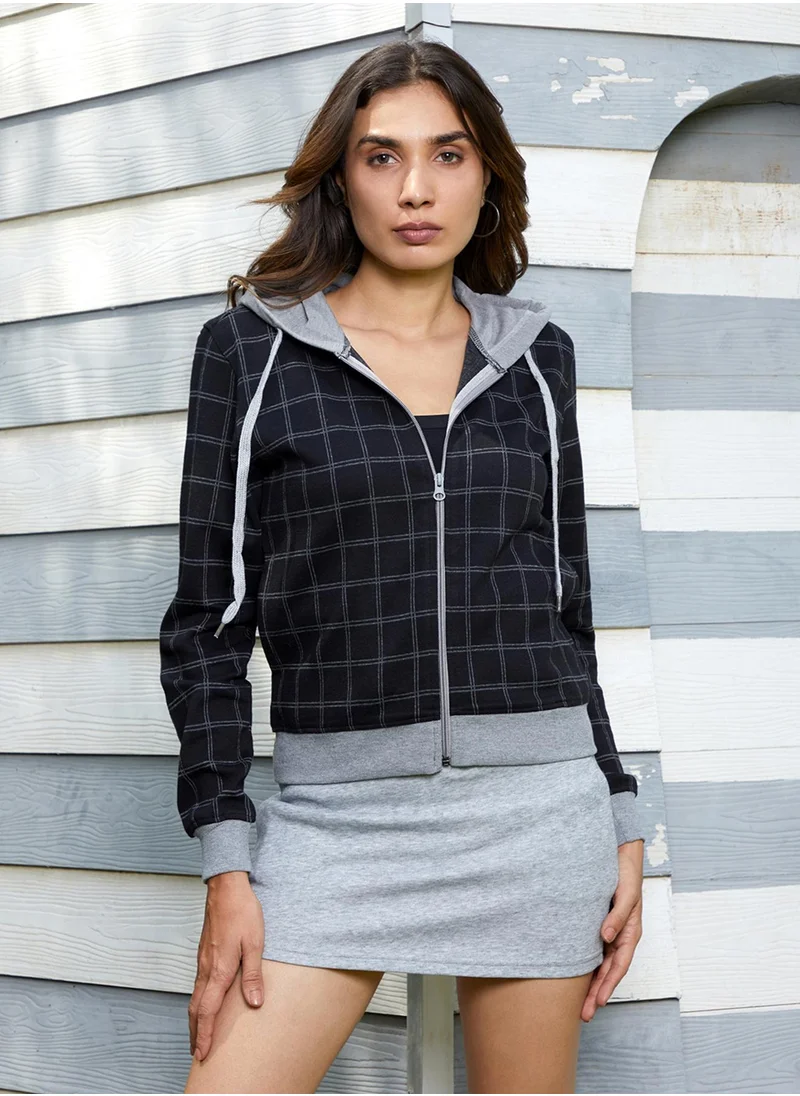 Campus Sutra Women's Midnight Black Zip-Front Graph Check Hoodie