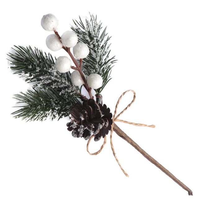 10 PCS ARTIFICIAL CHRISTMAS TREE PICKS SPRAYS 8 FROSTED PINE BRANCHES STEMS WITH PINECONES WHITE HOLLY BERRIES TWIGS FOR HOME GARDEN XMAS PARTY FLOWER ARRANGEMENTS ORNAMENTS HOLIDAY DECOR WHITE