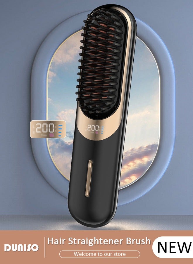 DUNISO مملس شعر أيون لاسلكي، فرشاة مملس محمولة للشحن عبر نوع-C، مشط مملس شعر مع شاشة LCD لعرض درجة الحرارة، مملس خفيف الوزن مقاوم للحروق مع 4 إعدادات درجة حرارة للسفر، المنزل، السكن الجامعي - Image 1