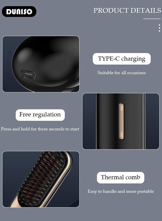 DUNISO مملس شعر أيون لاسلكي، فرشاة مملس محمولة للشحن عبر نوع-C، مشط مملس شعر مع شاشة LCD لعرض درجة الحرارة، مملس خفيف الوزن مقاوم للحروق مع 4 إعدادات درجة حرارة للسفر، المنزل، السكن الجامعي - Image 5