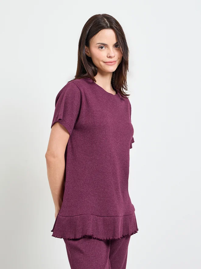 Styli Burgundy Cotton Blend Rib Ruffle Hem T-Shirt and Pyjama Set