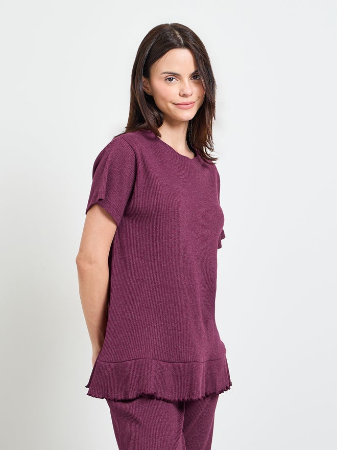 Styli Burgundy Cotton Blend Rib Ruffle Hem T-Shirt and Pyjama Set - Image 2