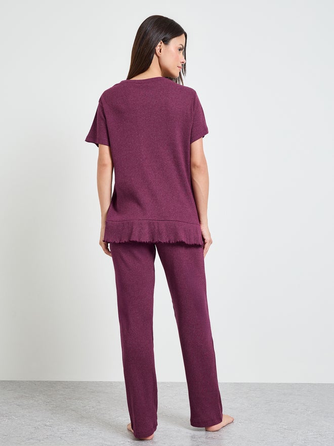 Styli Burgundy Cotton Blend Rib Ruffle Hem T-Shirt and Pyjama Set - Image 5