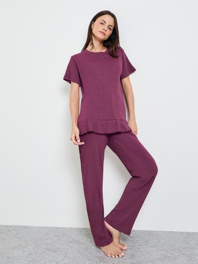 Styli Burgundy Cotton Blend Rib Ruffle Hem T-Shirt and Pyjama Set - Image 1