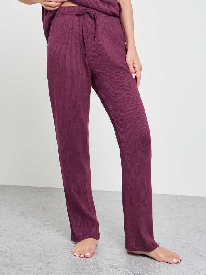 Styli Burgundy Cotton Blend Rib Ruffle Hem T-Shirt and Pyjama Set - Image 4