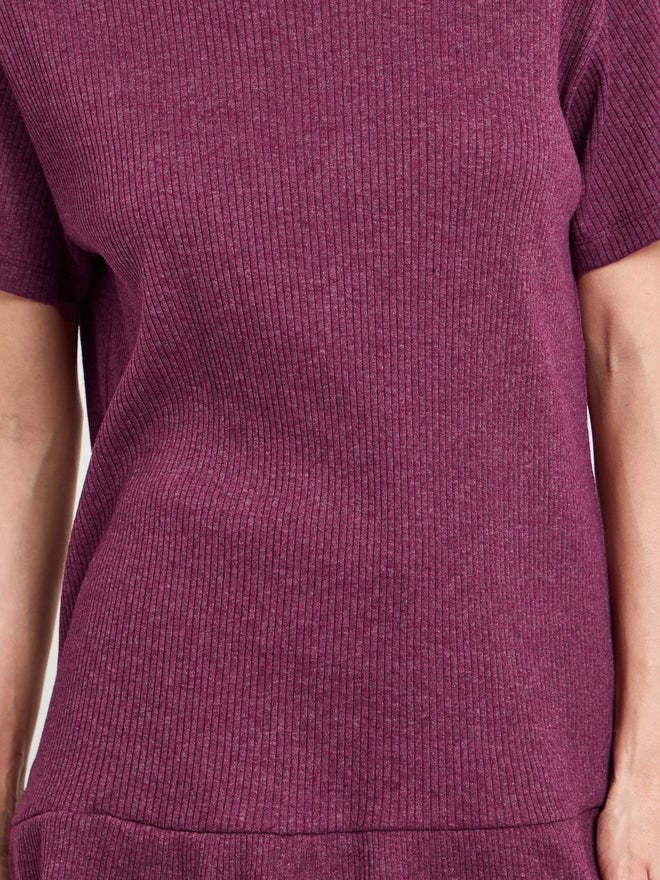 Styli Burgundy Cotton Blend Rib Ruffle Hem T-Shirt and Pyjama Set - Image 3
