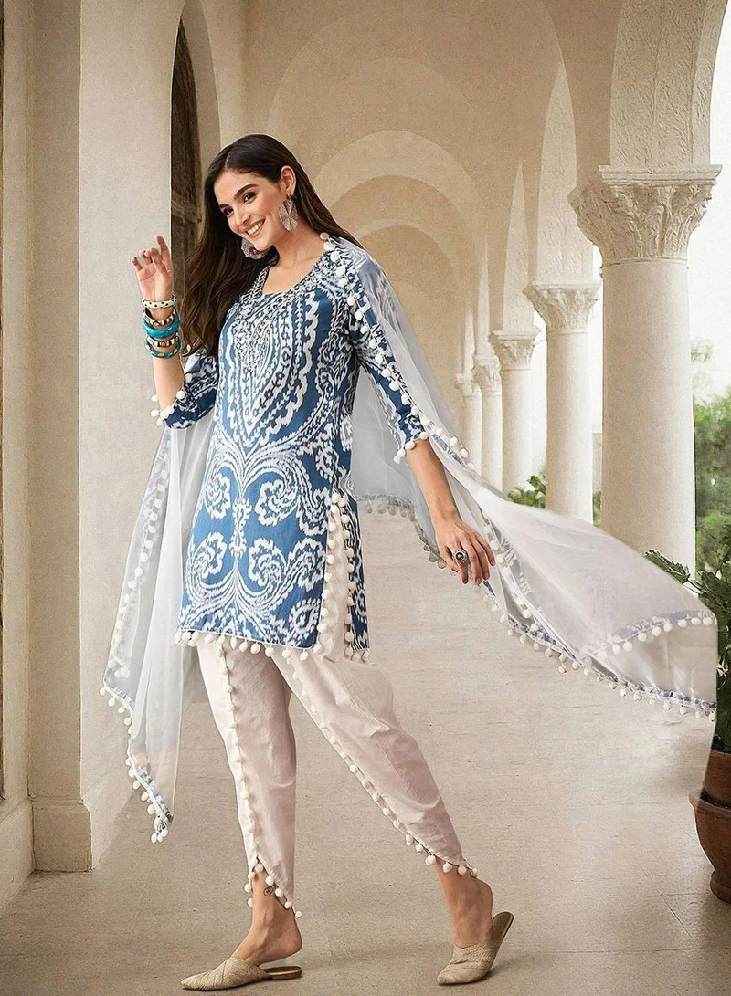 ISHIN Women's Blue 100% Cotton Printed Tunic Full Length Casual Straight Fit Kurta Set