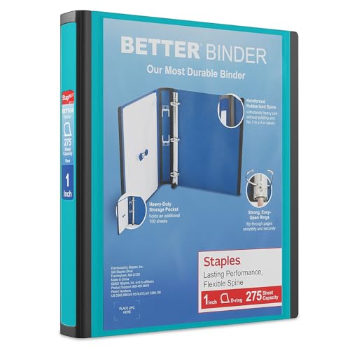 Staples Better 1-Inch, 3-Ring View Binder, Holds up to 275 Sheets, 1 Interior Pocket, Perfect 3-Ring Binder for Reports (Teal) - Image 1
