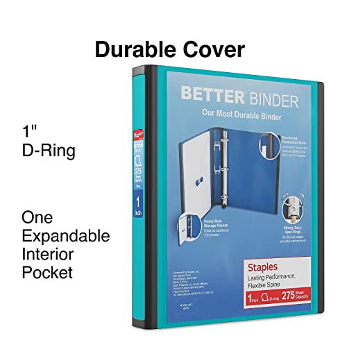 Staples Better 1-Inch, 3-Ring View Binder, Holds up to 275 Sheets, 1 Interior Pocket, Perfect 3-Ring Binder for Reports (Teal) - Image 2