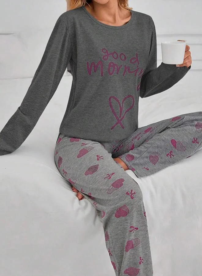 Take Two Take Two Slogan Text Print T-Shirt and Heart Print Pyjama Set