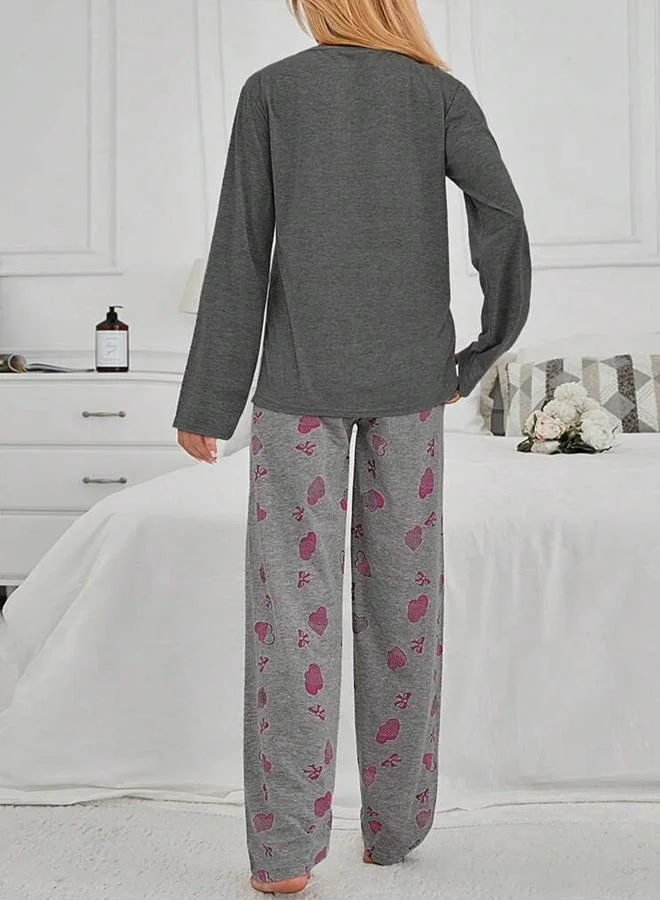 Take Two Take Two Slogan Text Print T-Shirt and Heart Print Pyjama Set